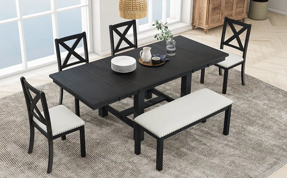 Farmhouse 82 Inch 6 Piece Extendable Dining Table Footrest 4 Upholstered Chairs topmax