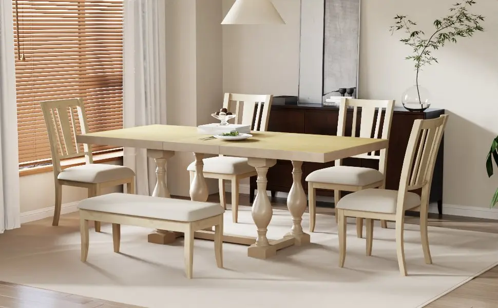Traditional 6-Piece 78-Inch Trestle Extendable Dining Table Set Chairs rnb