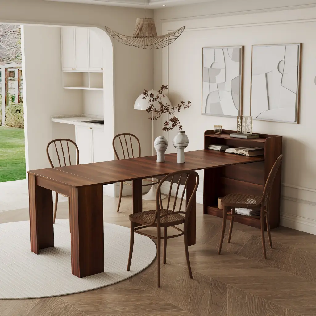 Modern Extendable Dining Table Storage Walnut Particle Board MDF joysource furniture