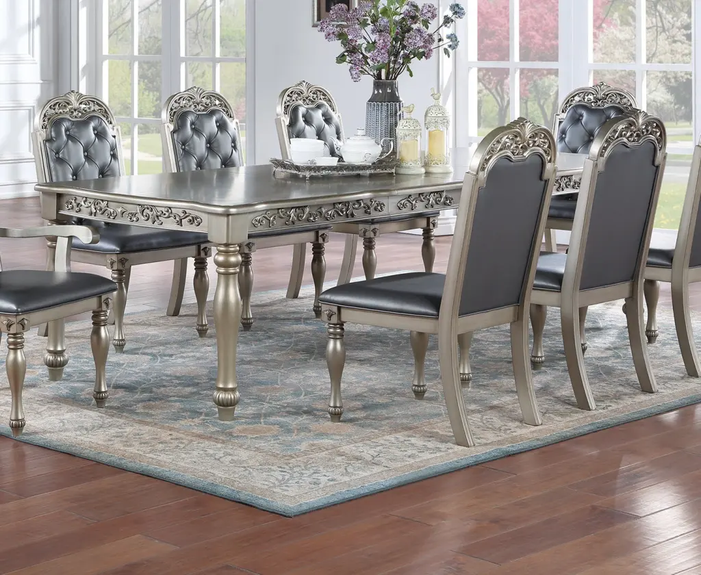 Formal 1Pc Dining Table 2X Leaves Only Shiny Metal Grey Finish Antique Design kanepe