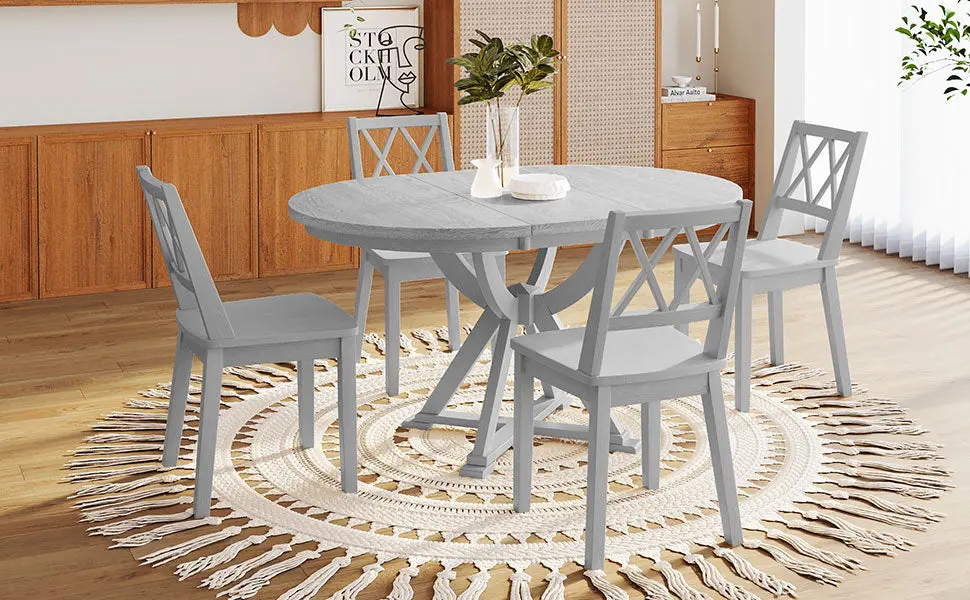 Mid Century 5 Piece Extendable Round Dining Table Set 15.7 Inch Removable Leaf rnb