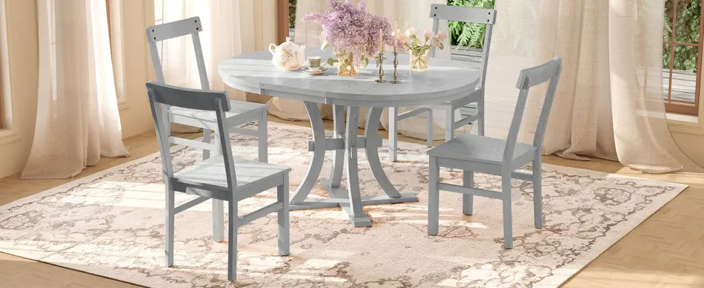 5 Piece Rustic Round Pedestal Extendable Dining Table Set 15.7 Inch Leaves rnb