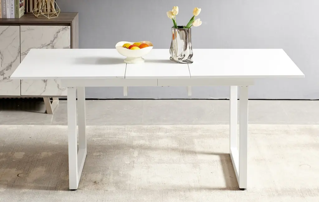 White Square Extendable Dining Table Metal Leg Modern Space Saving rnb