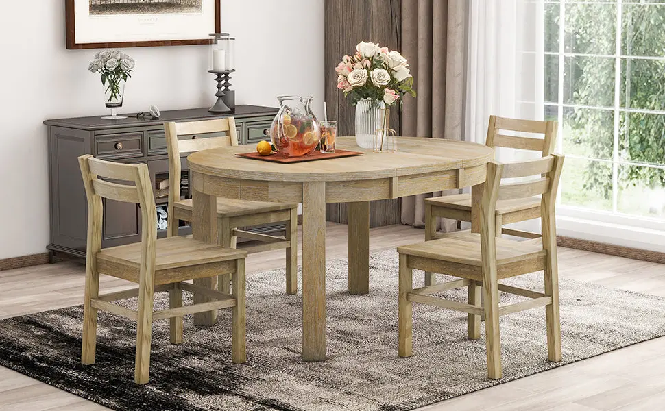 Farmhouse 5 Piece Extendable Round Dining Table Set Storage Drawers topmax