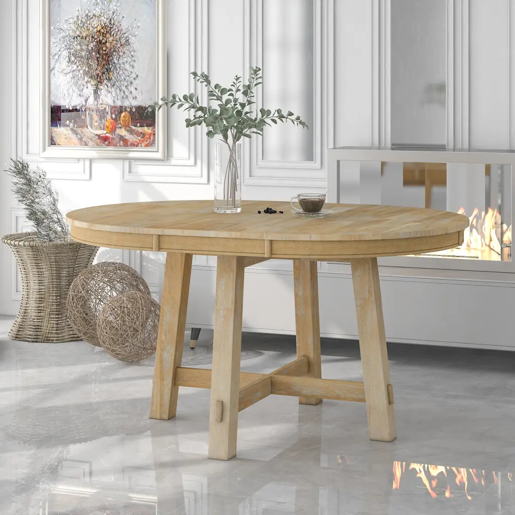 Farmhouse Round Extendable Dining Table 16 Inch Leaf Timber Kitchen Table trexm