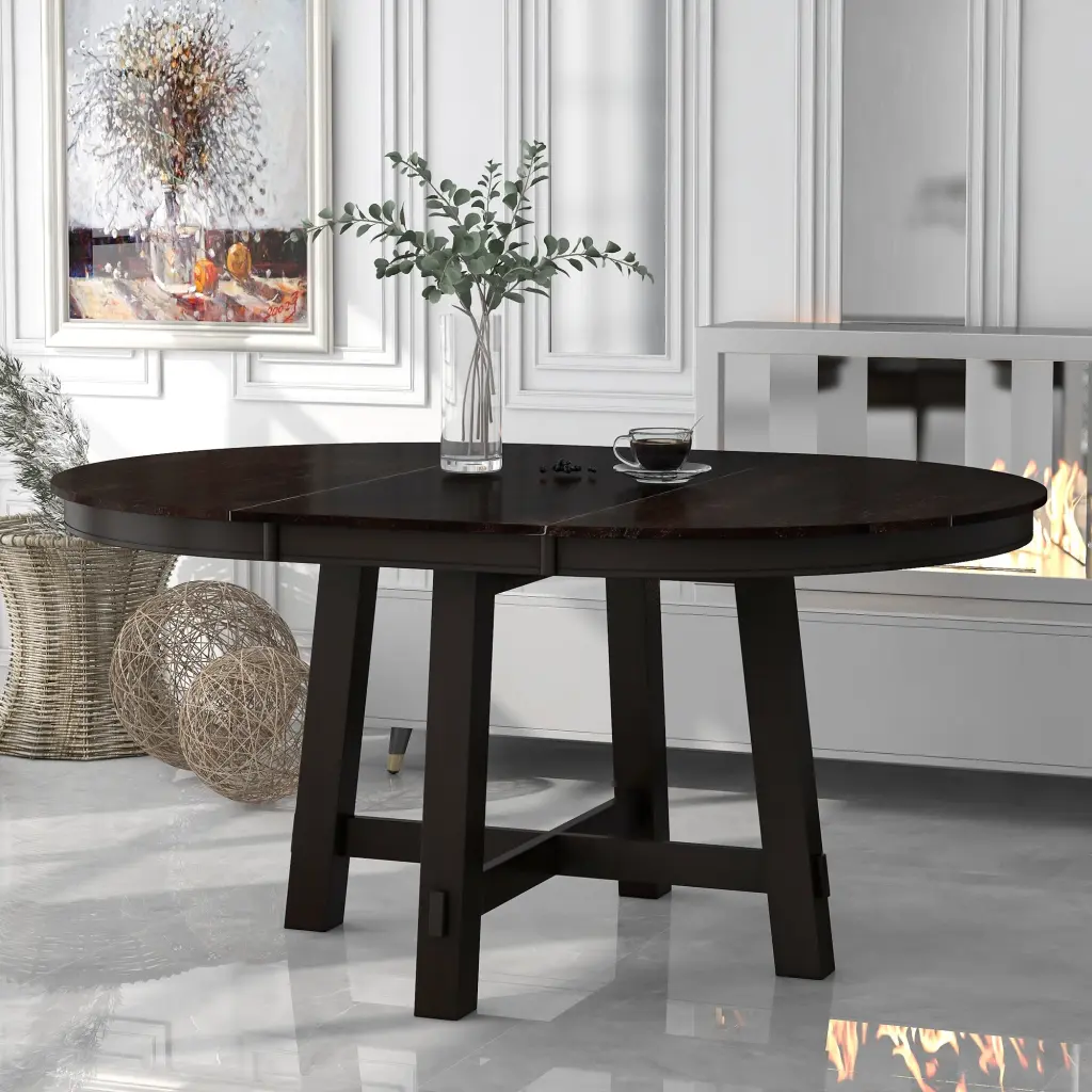 Farmhouse Round Extendable Dining Table 16'' Leaf Wood Kitchen Table 4-6 People trexm