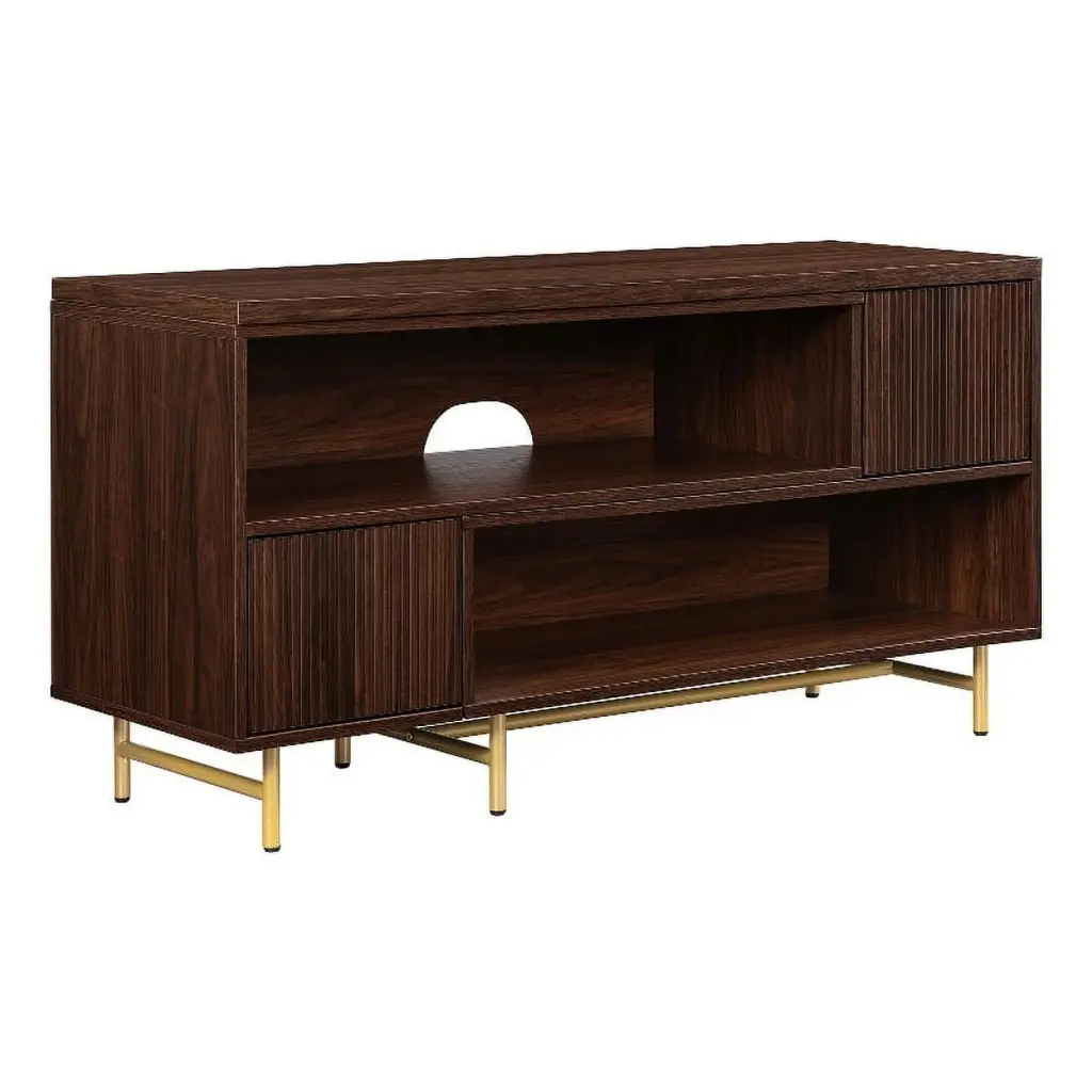 Extendable Wood Media Console Reeded Doors Dark Walnut Gold Walker Edison