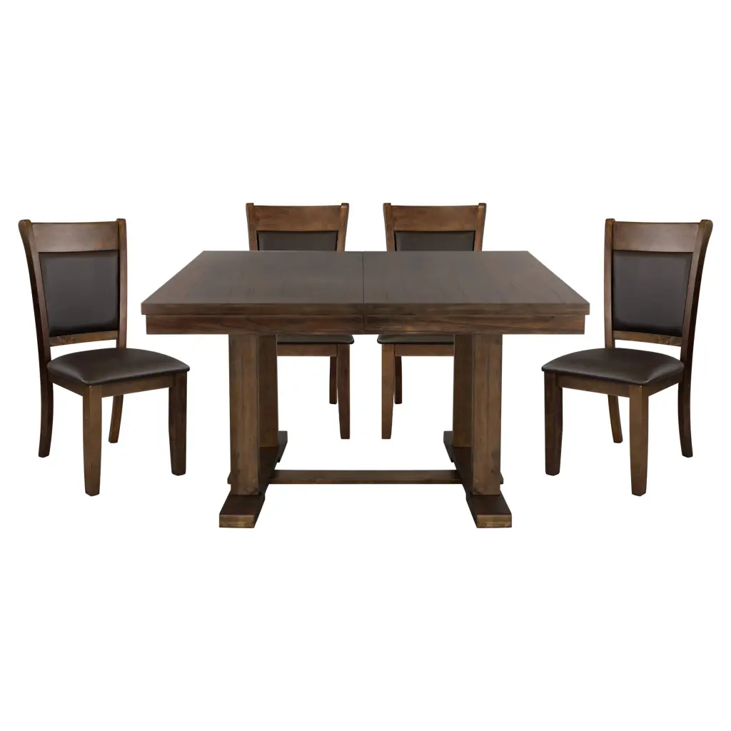 Transitional 5-Piece Dining Set Self-Storing Leaf and Faux Leather Chairs kanepe