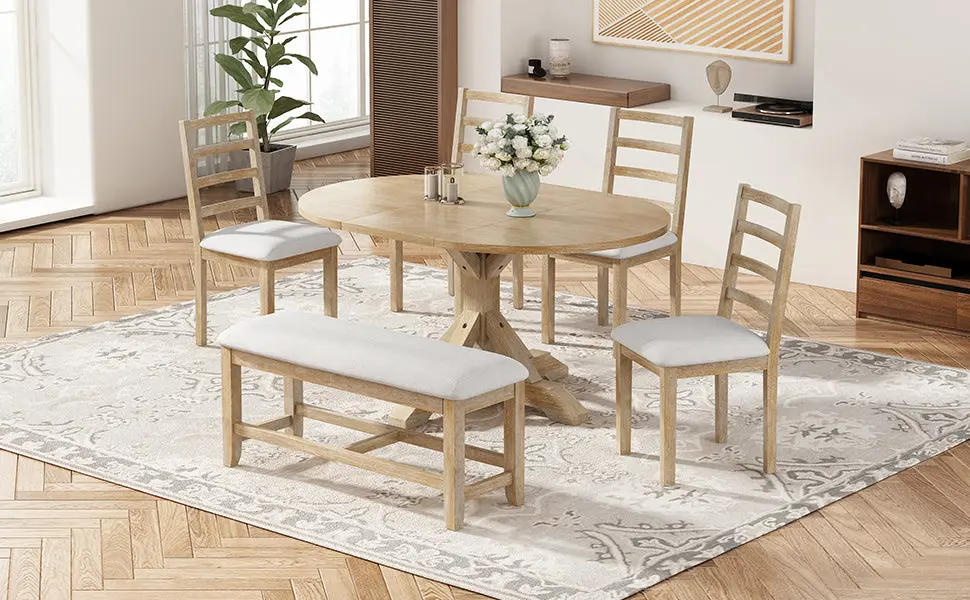 Farmhouse 6 Piece 60 Inch Extendable Pedestal Dining Table Set 18 Inch Leaves rnb