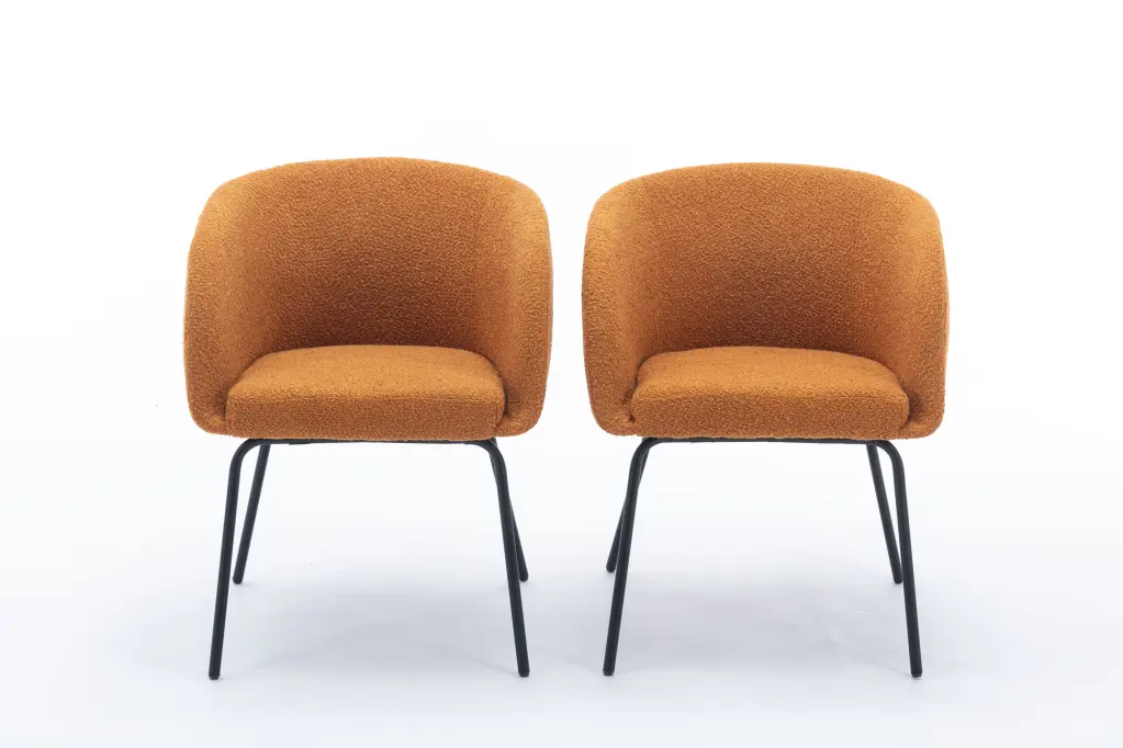 Boucle Fabric Dining Chair Black Metal Legs Set 2 Ginger White dg collection