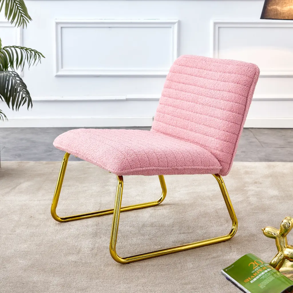 Modern Minimalist Pink Plush Fabric Single Person Sofa Chair Gold Legs furniture