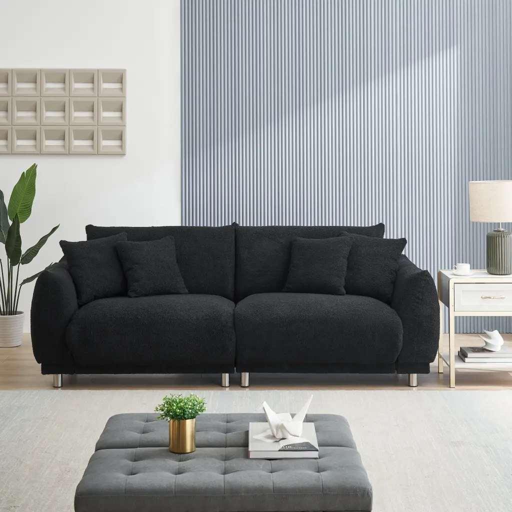 86.6 Inch Black Teddy Fleece Sofa Four Throw Pillows and Hardware Fee fan chen furniture