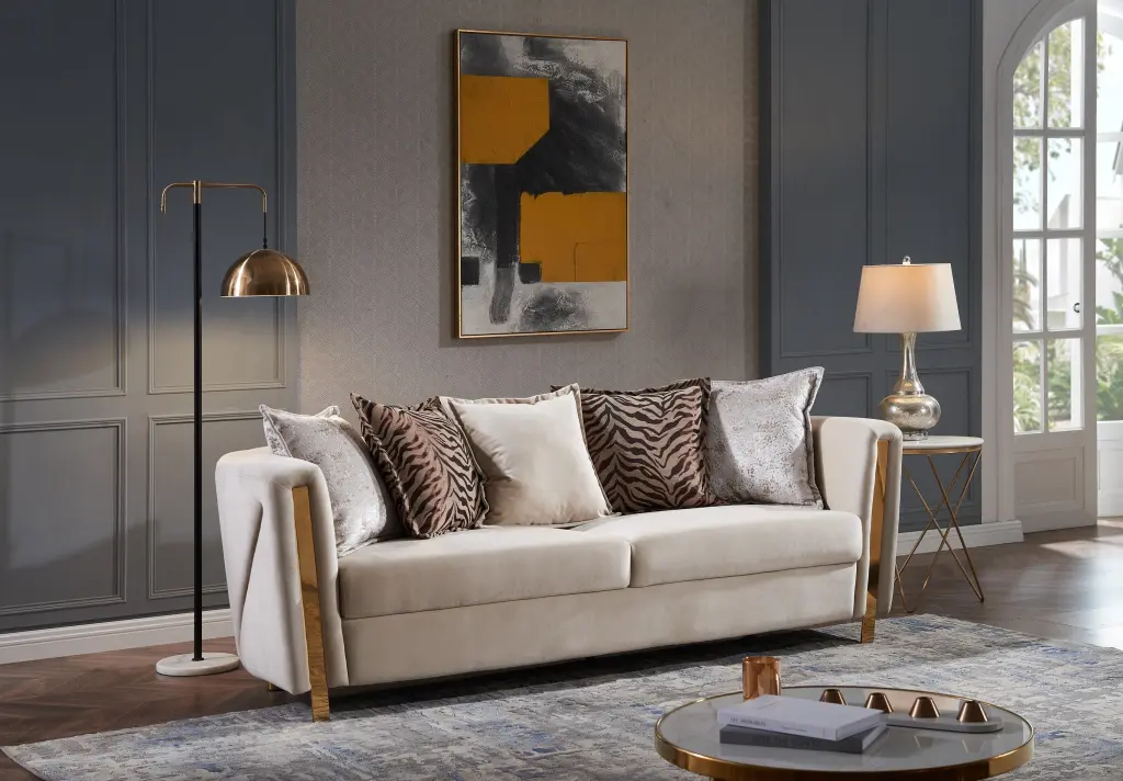 Chanelle Thick Velvet Fabric Upholstered Sofa Beige Wood Frame galaxy home furnishings