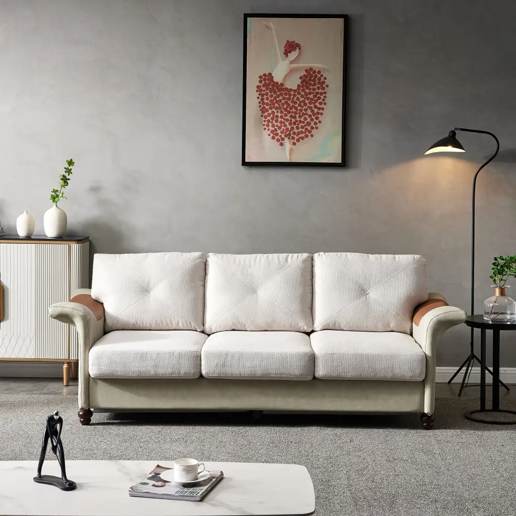Living Room Linen Material Faux Leather Sofa Wood Legs Modern Home Decor hdf store