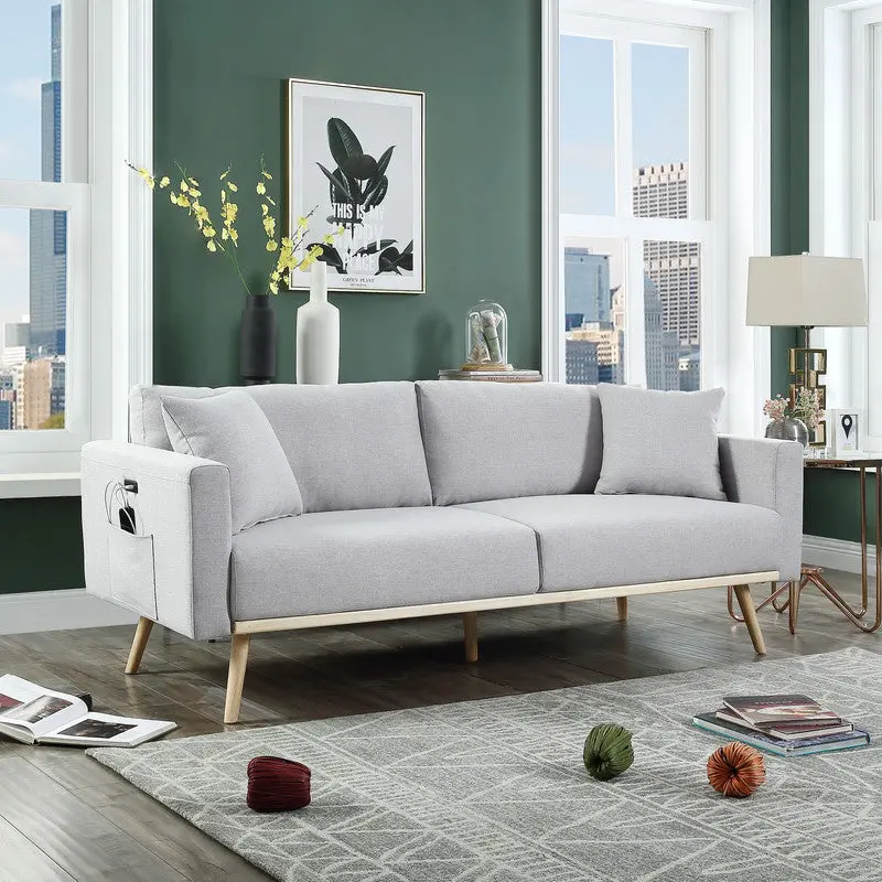 Easton 75 Inch Light Gray Linen Fabric Sofa USB Charging Ports and Pocket lilola home