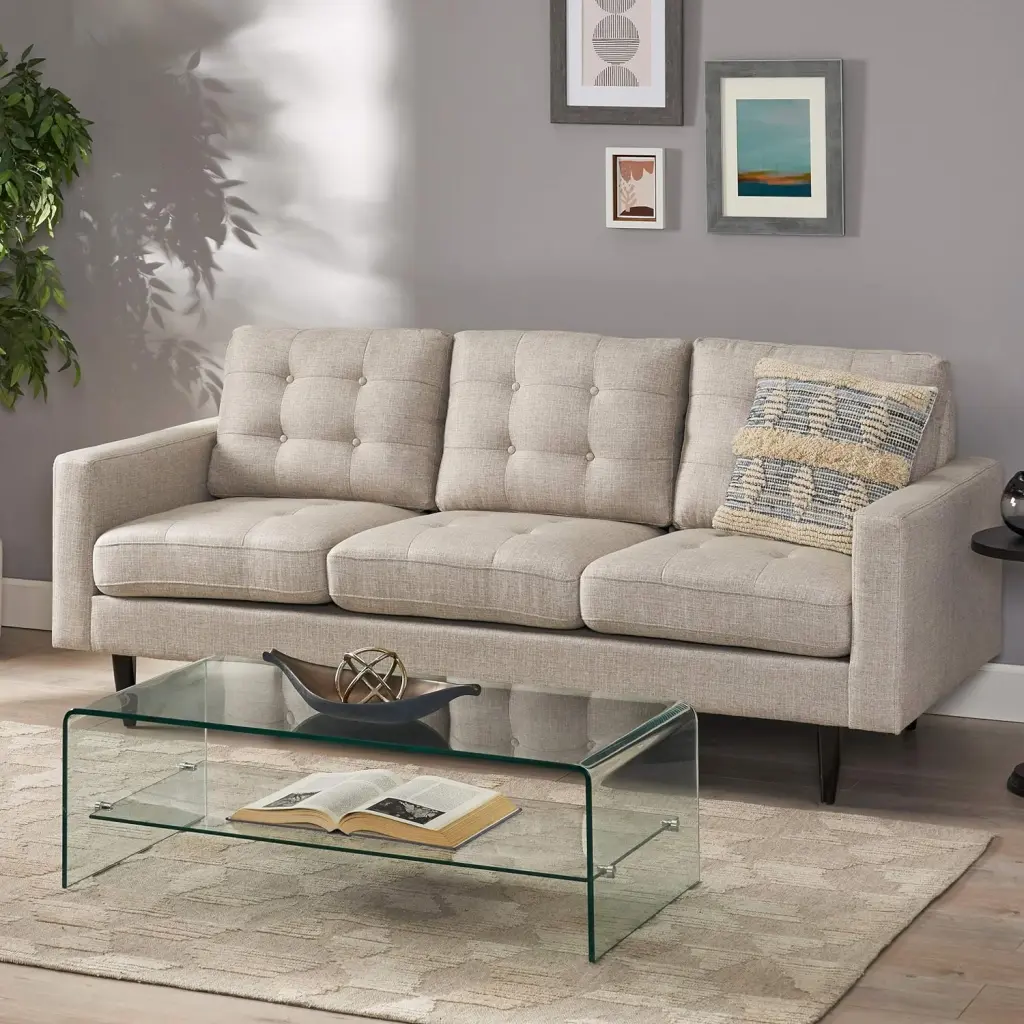 Jenny Contemporary Tufted Fabric 3 Seater Sofa Beige Living Room Couch nh-inmax