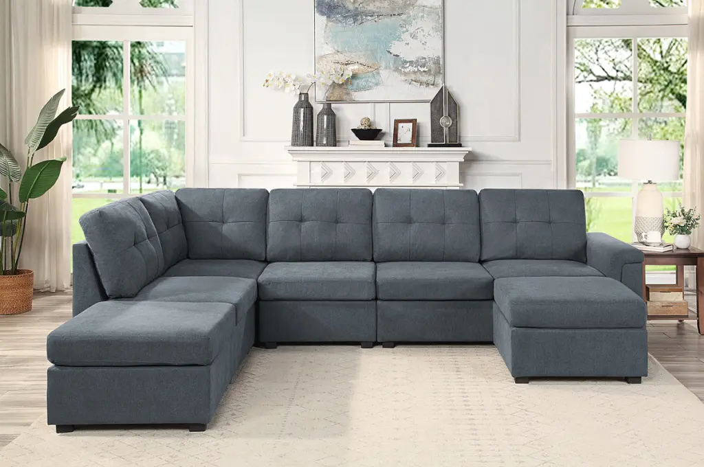 Isla 119 Inch Gray Woven Fabric 7 Seater Sectional Sofa Ottomans lilola home