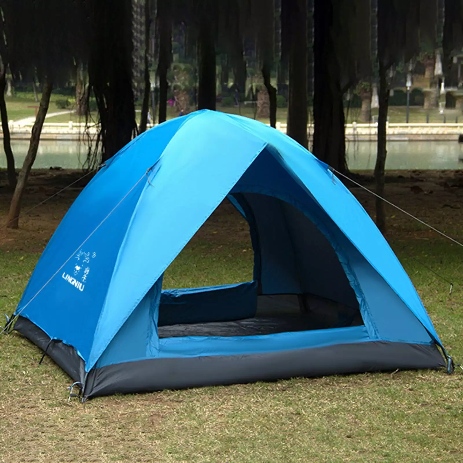 Double Tent 3-4 People Waterproof Beach Camping Tent Outdoor Rain Proof Fishing Easy Setup Blue As