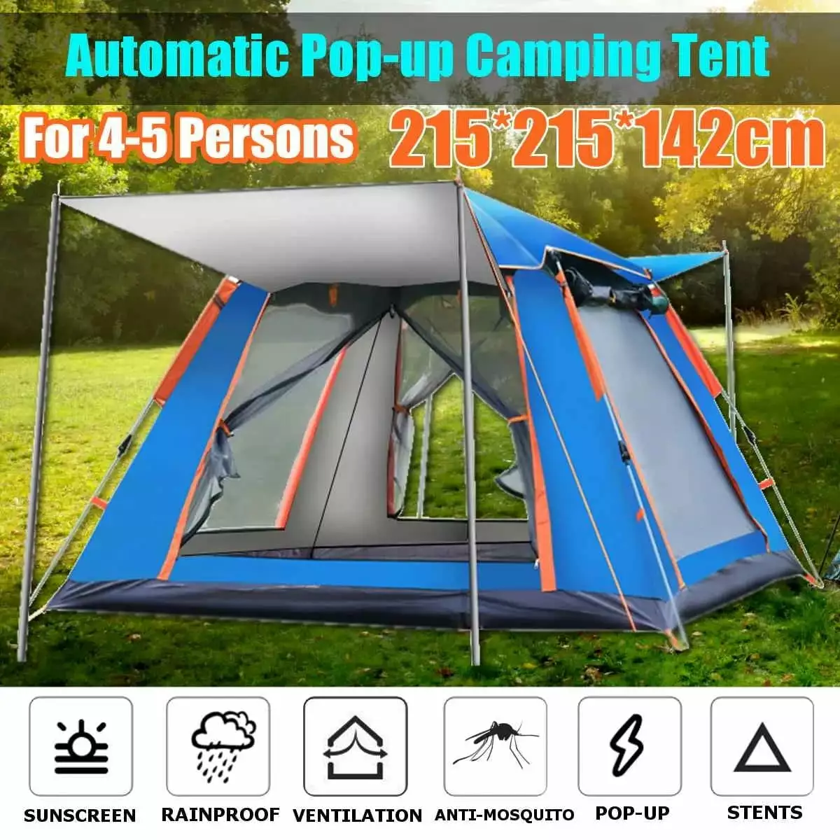 Family Camping Tent Large Waterproof Pop Up Tent 3-4 Person Instant Setup Sun Shade
