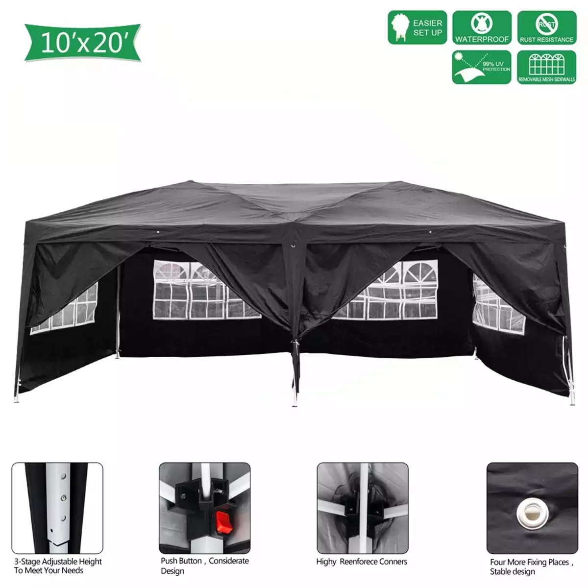 Nmkwnr 4 Windows Waterproof Folding Tent Black 3x6m Outdoor Camping Shelter