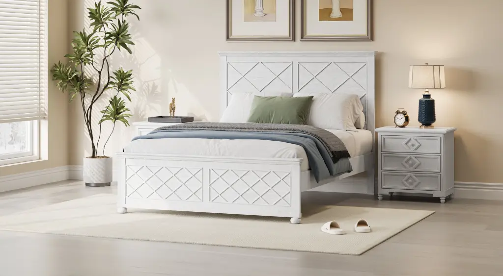 Coastal Farmhouse Solid Timber Queen Bed Frame Antique White Box Spring bed best