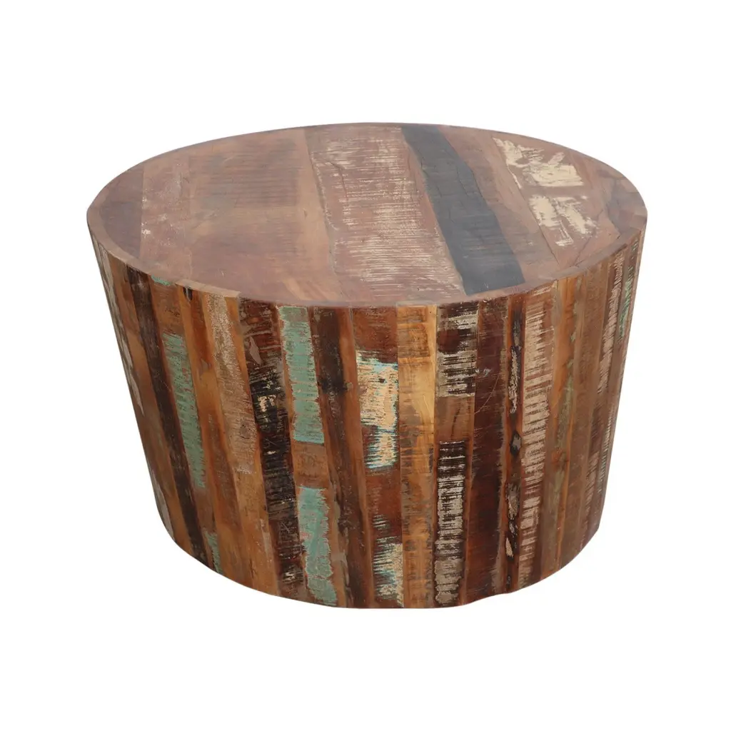 Handmade Hand Carved Round Cocktail Table Farmhouse Style Distressed Brown Far Pavilions