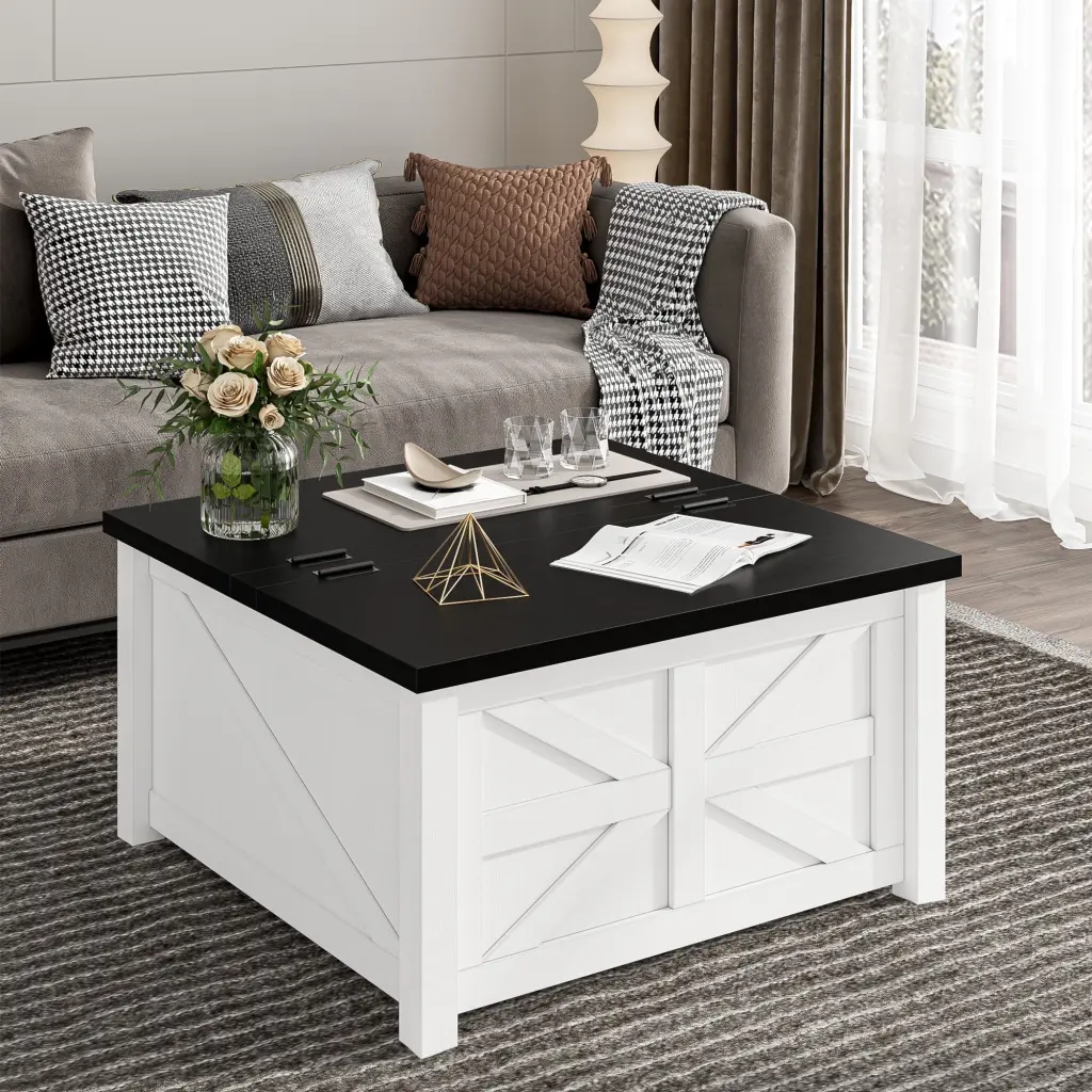Homfa Square Coffee Table Large Hidden Storage 30L 18.12H Wood Farmhouse Coffee Table Hinged Lift Tabletop White
