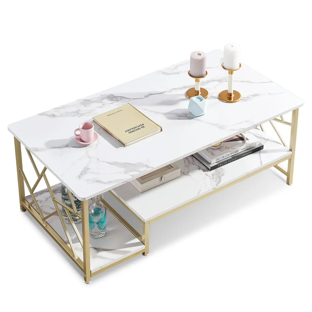 Ivinta Rectangle White Marble Coffee Table Farmhouse Style Double Storage Shelf Ivinta Furniture
