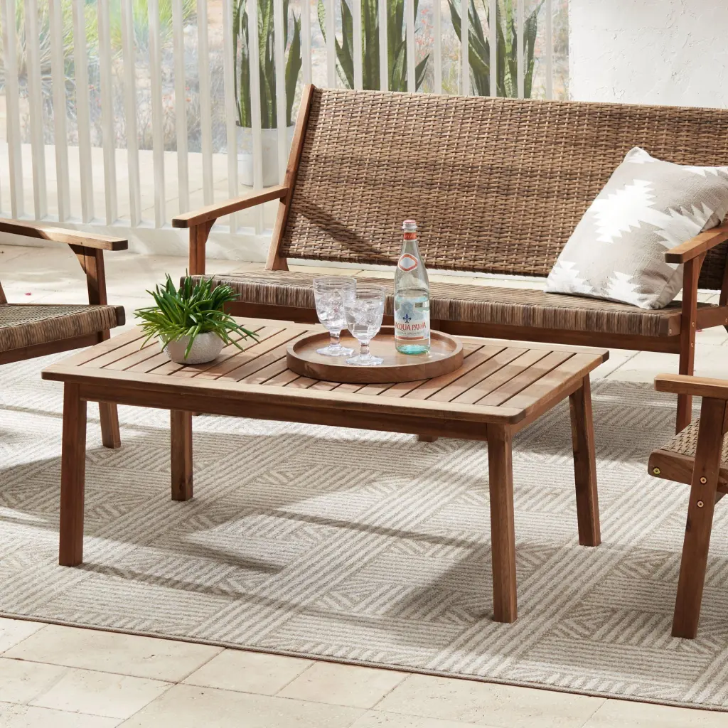 Teal Island Designs Farmhouse Rustic Acacia Wood Rectangular Outdoor Coffee Table 43 1/4 x 22 3/4 Brown Slat Tabletop