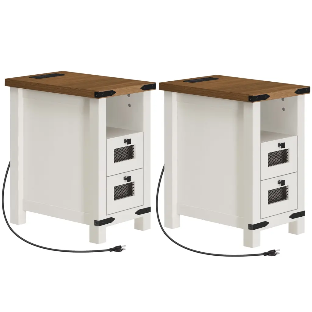 HOOBRO Set 2 Farmhouse Narrow End Table Charging Station Storage Drawers Living Room Bedroom White and Walnut WH176UBZP201