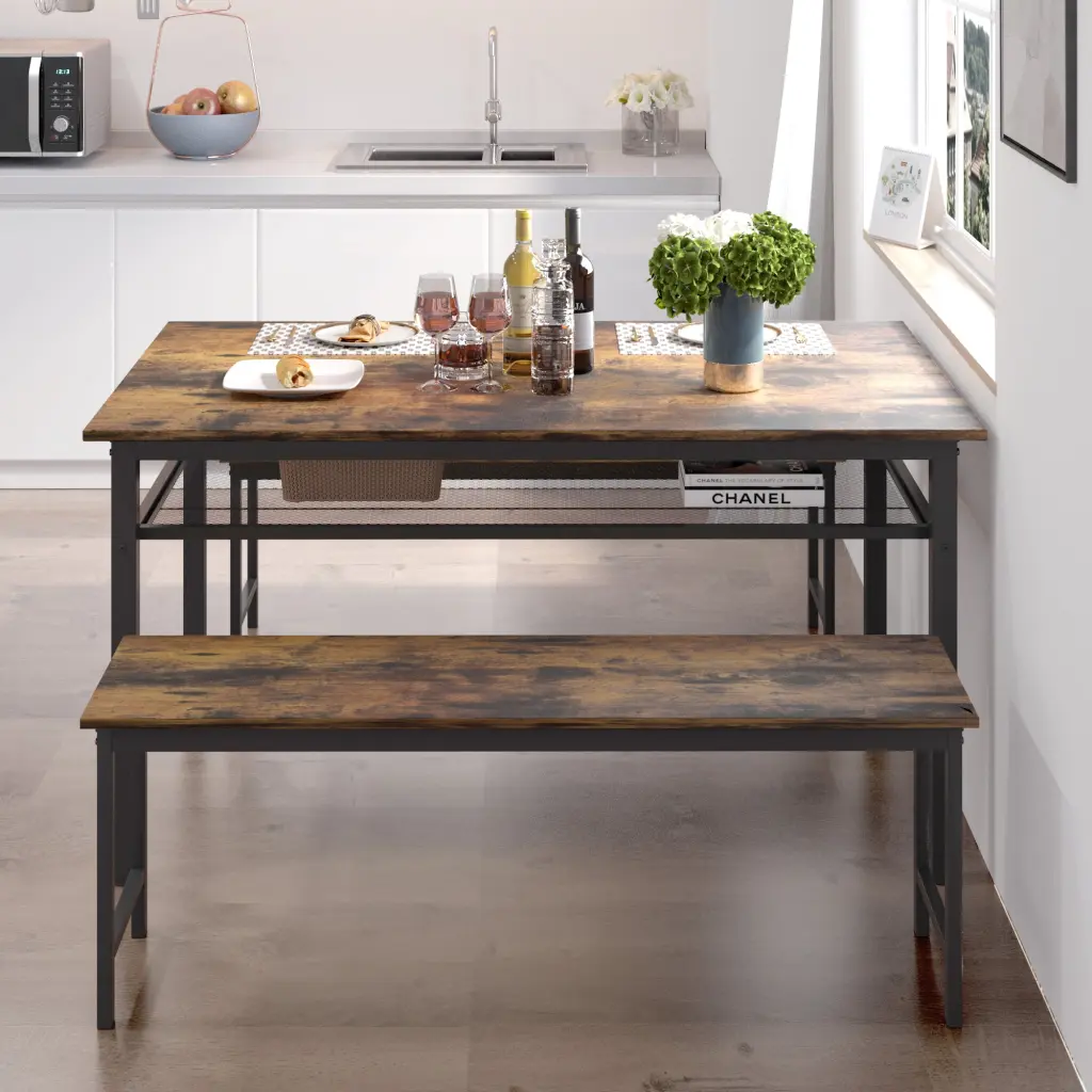3 Pieces Farmhouse Kitchen Table Set Two Benches Metallic Frame And Rustic Finish hs furniture