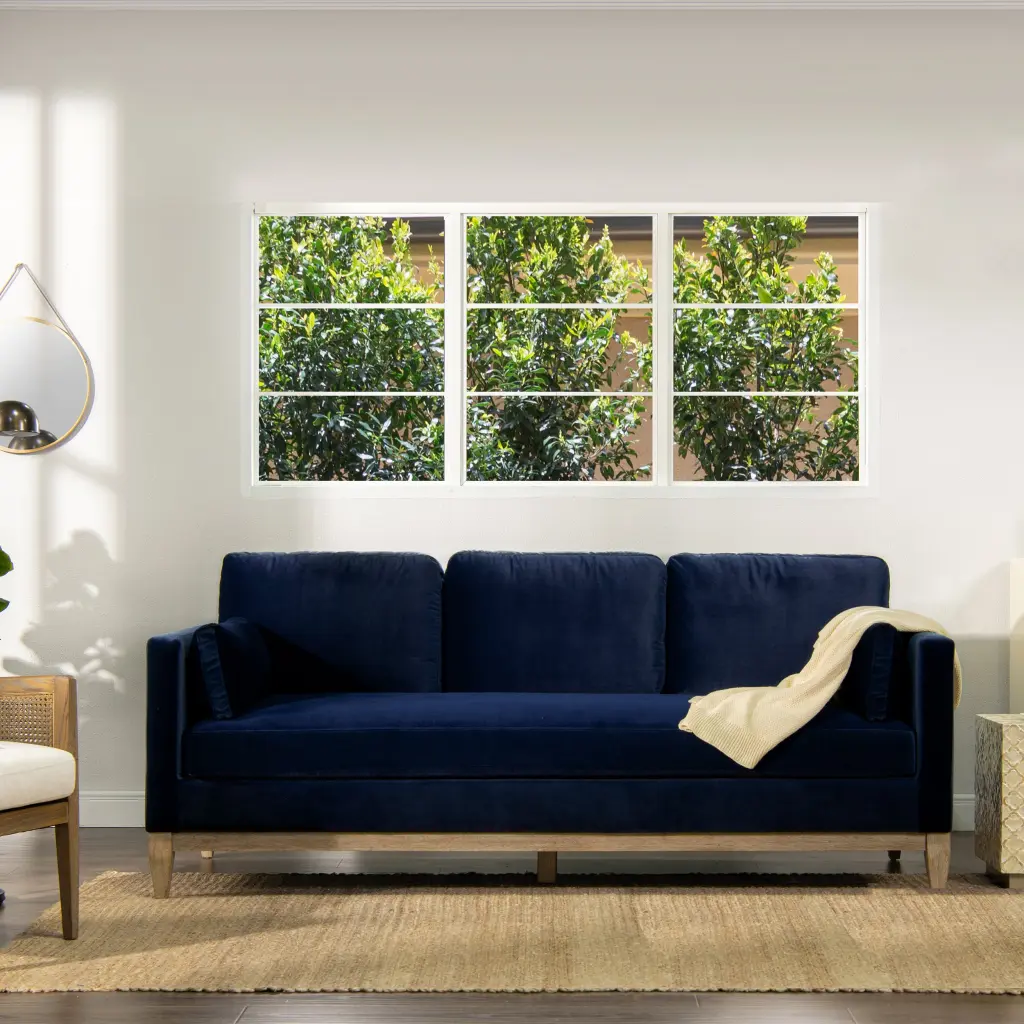 Knox 84 Inch Modern Farmhouse Sofa Dark Navy Blue Velvet jennifer taylor home