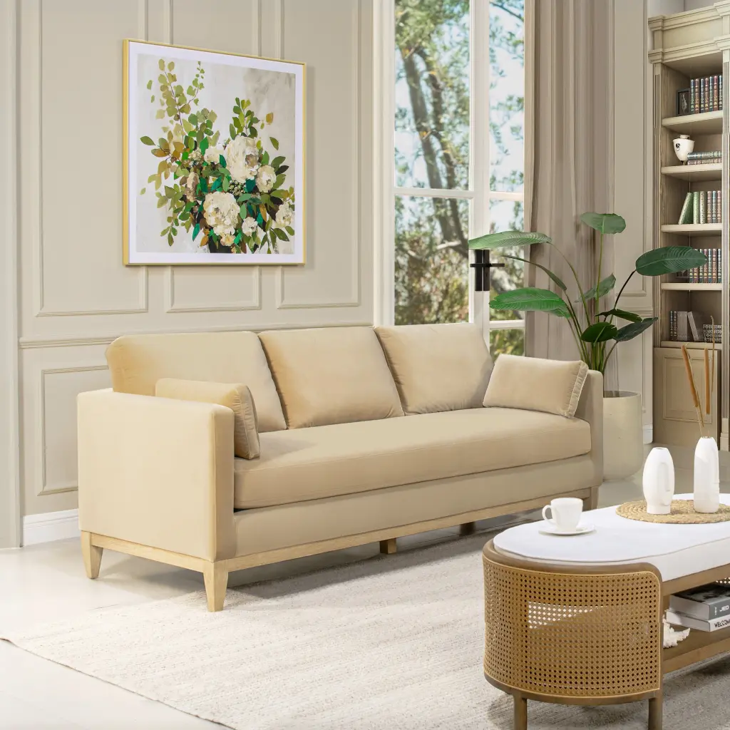 Knox 84 Inch Modern Farmhouse Sofa Fawn Brown Performance Velvet jennifer taylor home