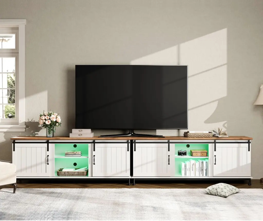 WAMPAT Farmhouse TV Stand Sliding Barn Door 100 Inch TVs and 16 Color Lights