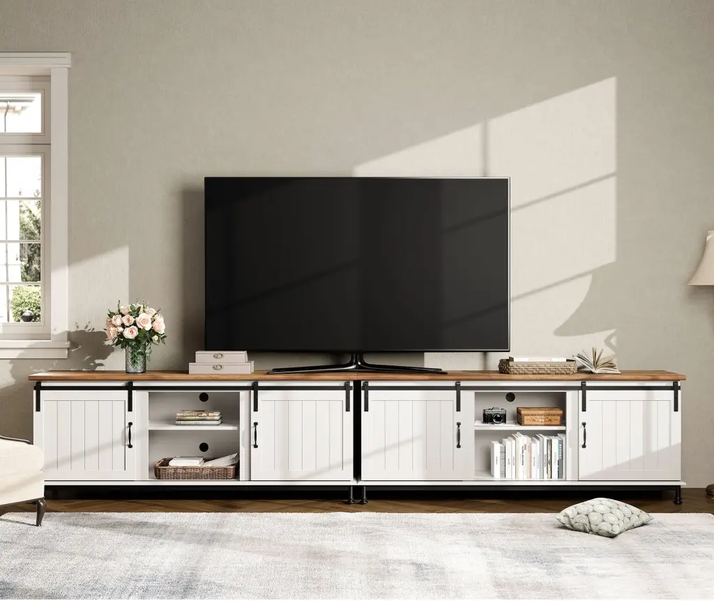 WAMPAT Farmhouse TV Stand Sliding Barn Door 110 Inch TVs White Finish