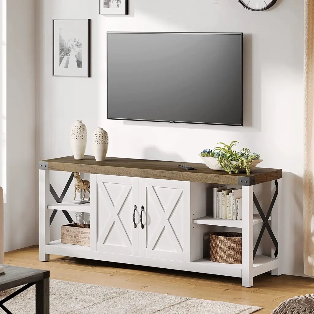 Amyove 59 Inch White Farmhouse TV Stand TVs up to 65 Inches Wood Cabinet 3-Tier Adjustable Shelves