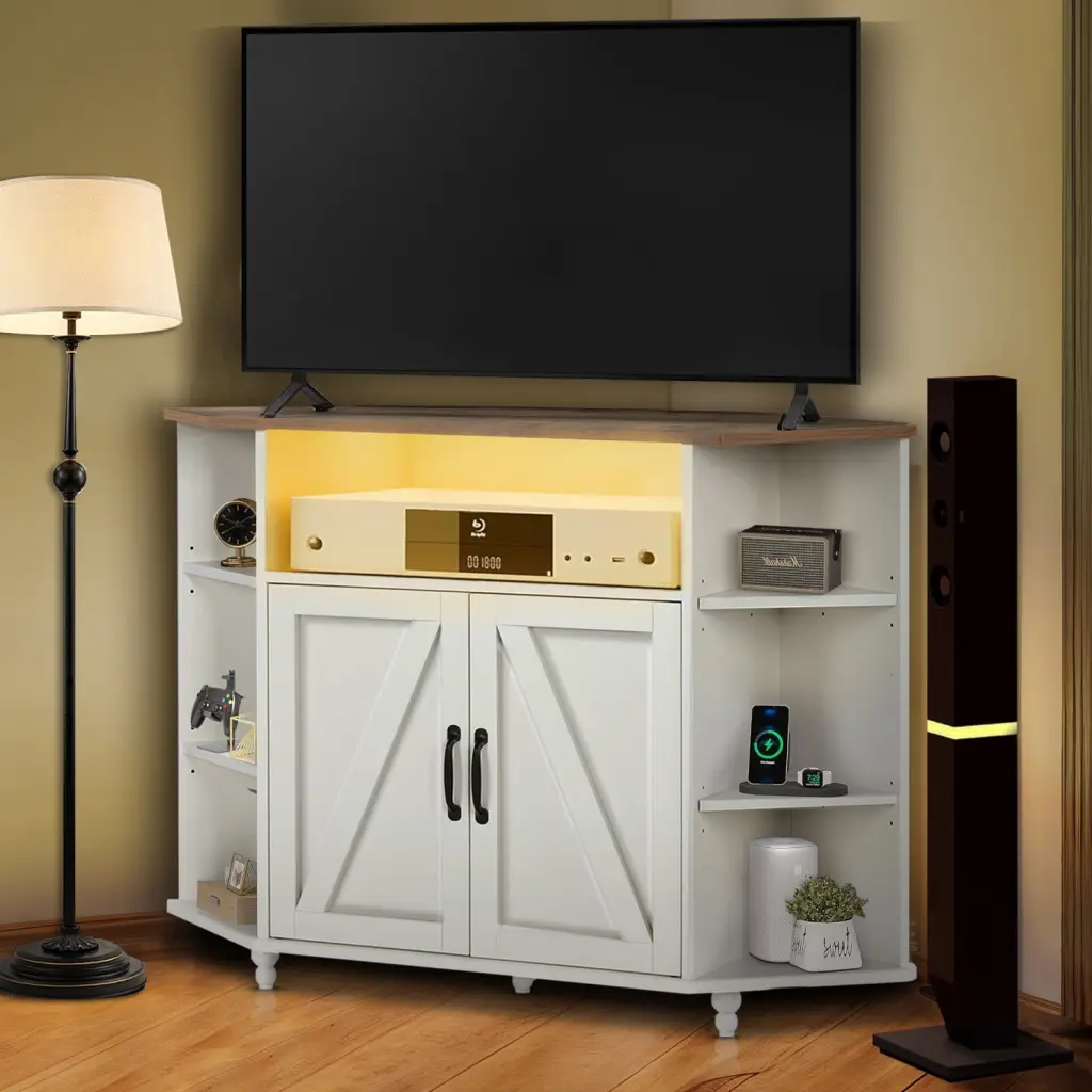 Catrimown Modern Farmhouse Corner TV Stand TVs Up to 55 Inch Adjustable Shelves White