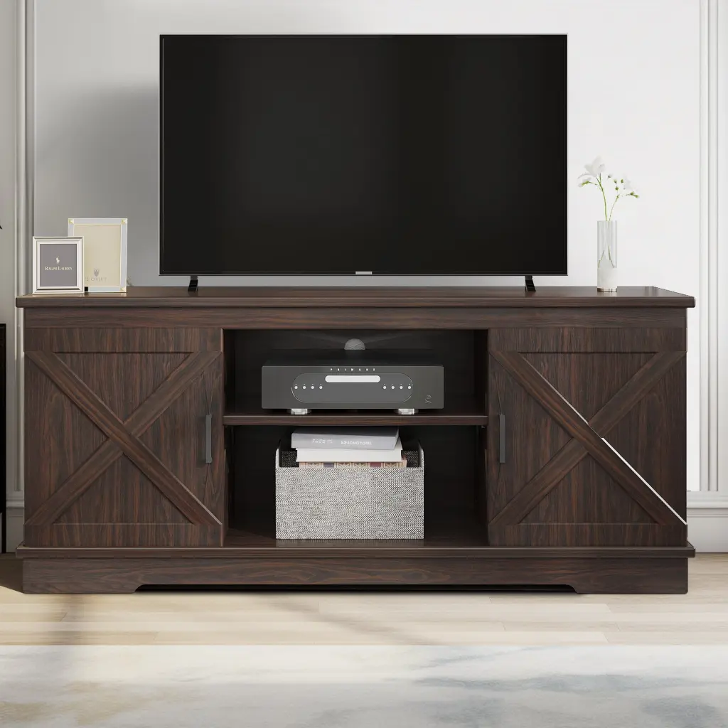 DWVO 59.5 Farmhouse TV Stand 65 Inch TV Mid Century Modern Entertainment Center Double Barn Doors Walnut