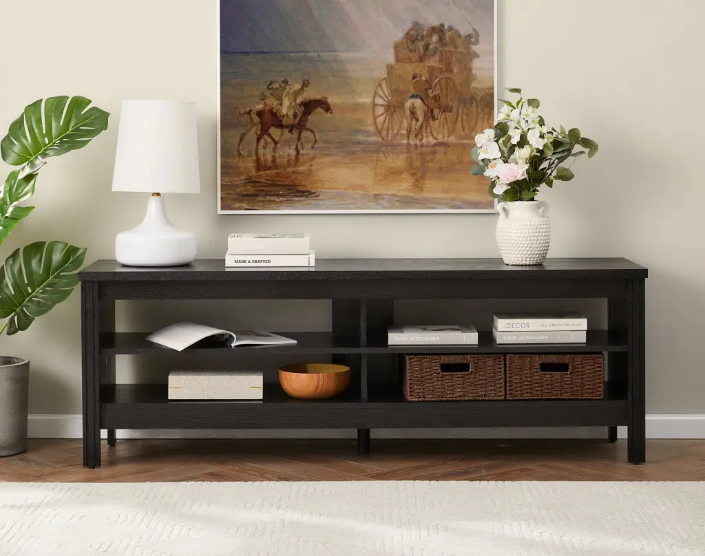 Farmhouse TV Stand 65 60 Inch TV 4 Cubby Storage Black FITUEYES