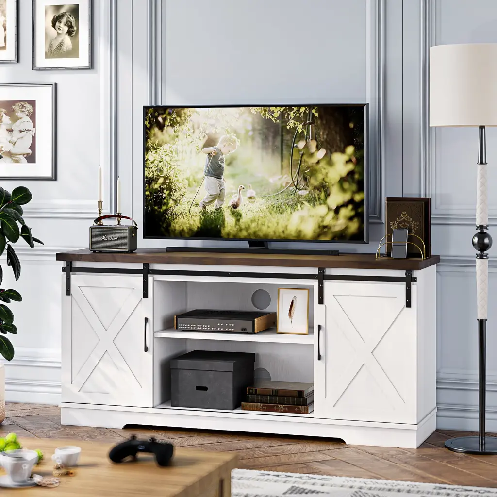 Farmhouse TV Stand 65 Inch TV Barn Doors and Shelves White Modern Entertainment Center Homefan
