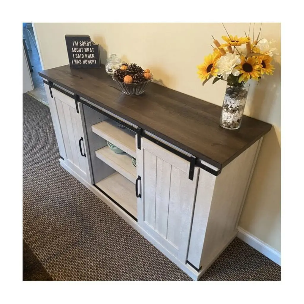 Bestliving Farmhouse Barn Door TV Stand TVs up to 60 Inches Grey Richseat
