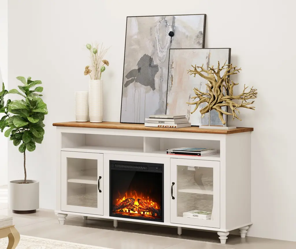 WAMPAT White Farmhouse TV Stand 18 Inch Electric Fireplace - Highboy Wood Entertainment Center Glass Door - 58 Inch