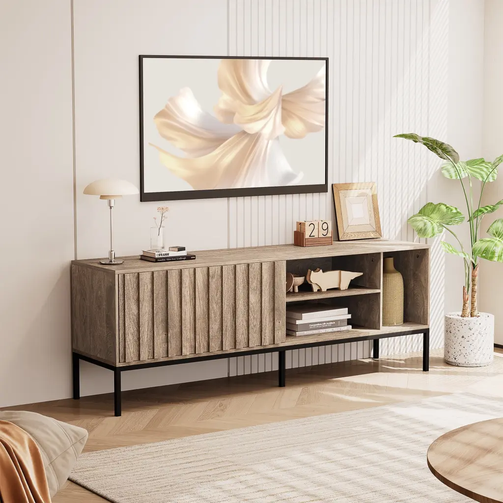 Farmhouse TV Stand 65 Inch Sliding Door and Adjustable Shelves Media Console Living Room WhizMax