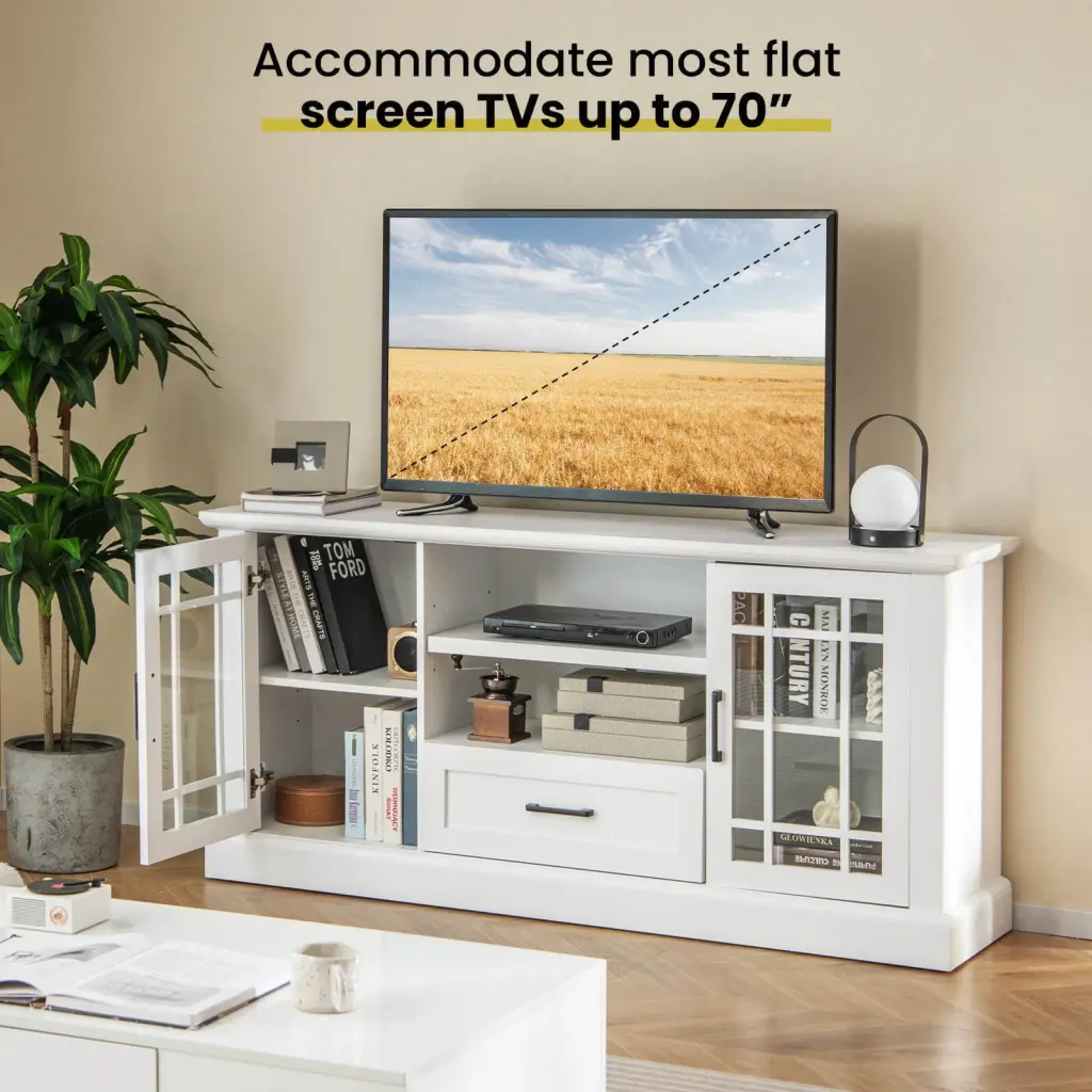 Amijoy Home Farmhouse TV Cabinet 2 Glass Doors TVs up to 70 Inches