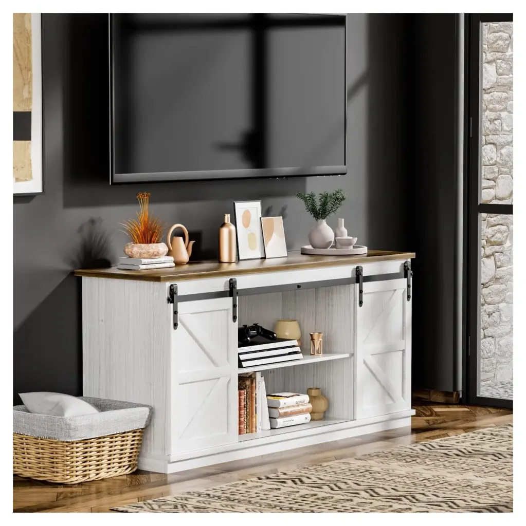 CodYinFI Farmhouse TV Stand 65 Inch TV Modern Media Entertainment Center Sliding Barn Doors White