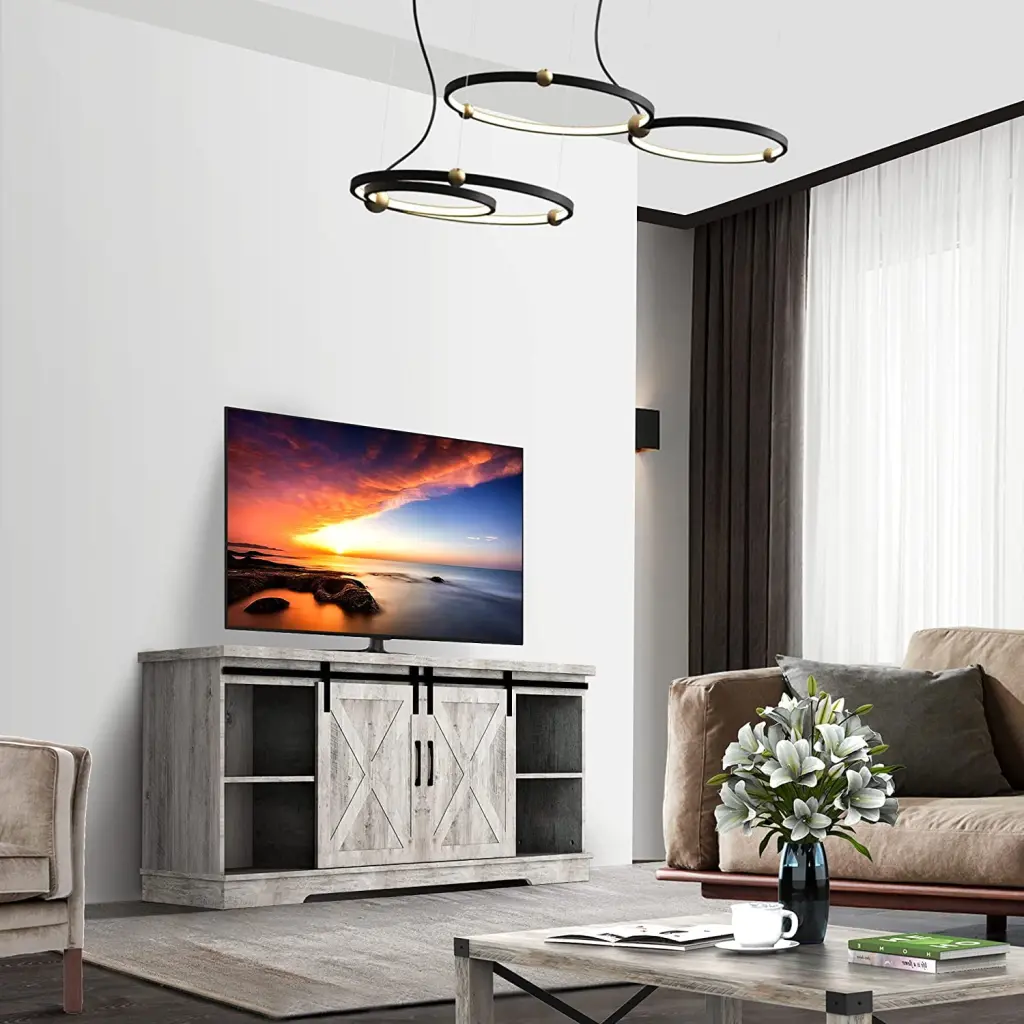 Modern Farmhouse Sliding Barn Door TV Stand 65 Inch TVs - 59 Inch Entertainment Center Movable Shelf coucheta