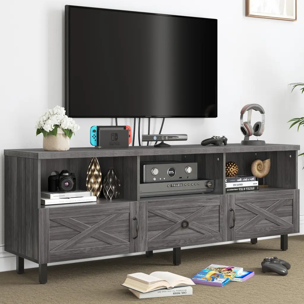 Dextrus Farmhouse TV Stand 70 inch TV Wood Media Console Storage Cabinet Dark Grey