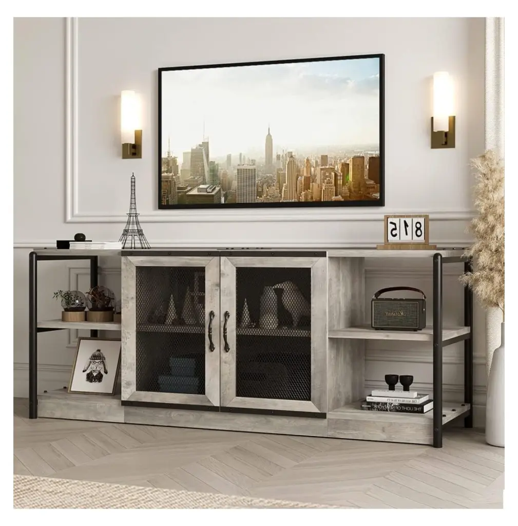 Drevy Industrial Farmhouse TV Stand 65+ Inch TVs Storage Mesh Door and Shelves Gray