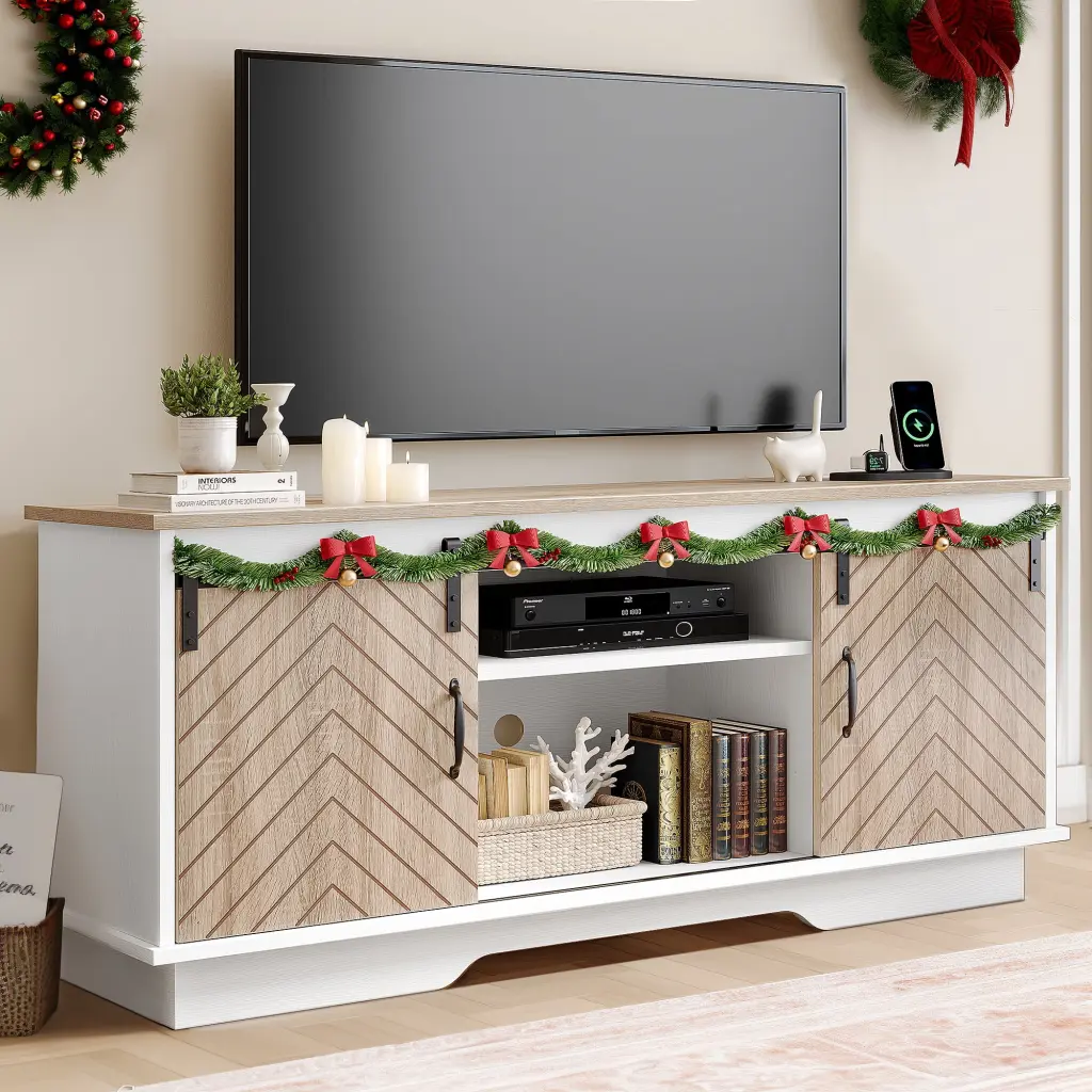 DWVO Farmhouse TV Stand 65 Inch TVs Wood Entertainment Center and USB Ports