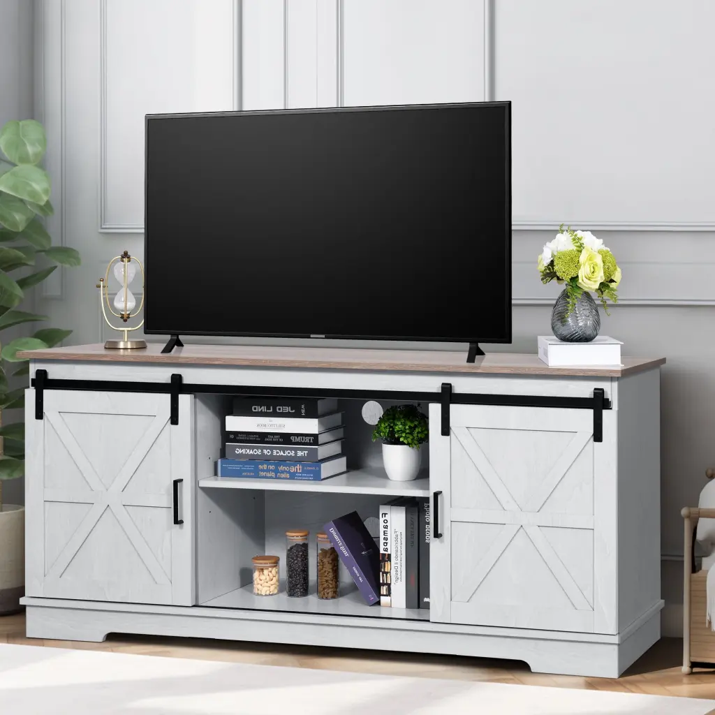 DWVO Modern Farmhouse TV Stand TV Up to 65 Inches Sliding Barn Door Storage Cabinets